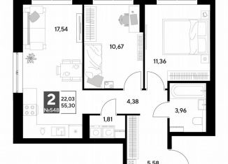 Продаю 2-комнатную квартиру, 55.3 м2, Калуга