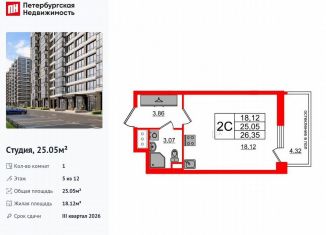 Квартира на продажу студия, 25.1 м2, Санкт-Петербург, Московский район