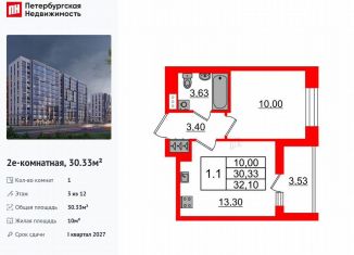 Продажа 1-ком. квартиры, 30.3 м2, Санкт-Петербург, муниципальный округ Коломяги