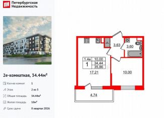 1-комнатная квартира на продажу, 34.4 м2, Санкт-Петербург, муниципальный округ Пулковский Меридиан