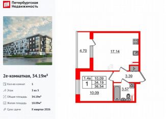 1-комнатная квартира на продажу, 34.2 м2, Санкт-Петербург, муниципальный округ Пулковский Меридиан