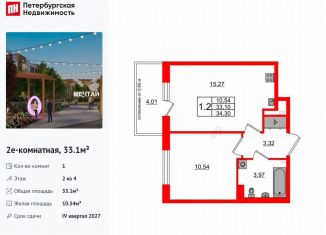 Продаю 1-комнатную квартиру, 33.1 м2, посёлок Шушары