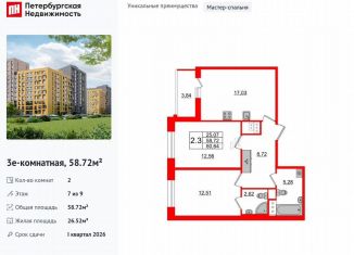 Продается двухкомнатная квартира, 58.7 м2, Санкт-Петербург, муниципальный округ Коломяги