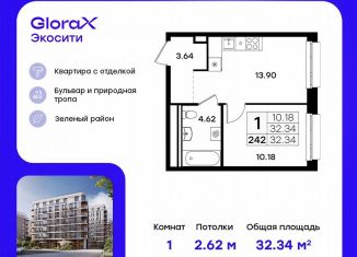 Продажа однокомнатной квартиры, 32.3 м2, Казань