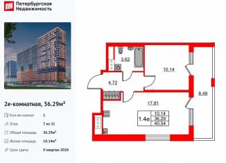 Продаю однокомнатную квартиру, 36.3 м2, Ленинградская область