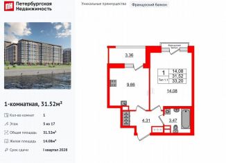 Продается 1-комнатная квартира, 31.5 м2, Санкт-Петербург, метро Проспект Большевиков