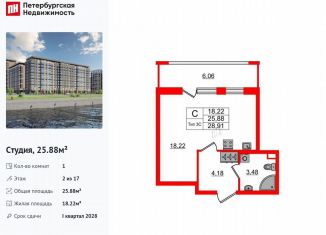 Продаю квартиру студию, 25.9 м2, Санкт-Петербург, муниципальный округ Невский