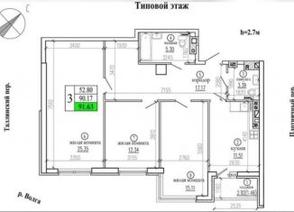 Продажа трехкомнатной квартиры, 91.6 м2, Самара, Плотничный переулок, 2, ЖК Волжские огни