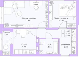 Продам двухкомнатную квартиру, 52.7 м2, Казань