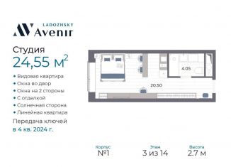 Квартира на продажу студия, 24.6 м2, Санкт-Петербург, Магнитогорская улица, 51литЗ, муниципальный округ Большая Охта