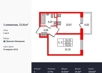 Продается 1-комнатная квартира, 32 м2, Санкт-Петербург, ЖК Солнечный Город. Резиденции, проспект Ветеранов, 200