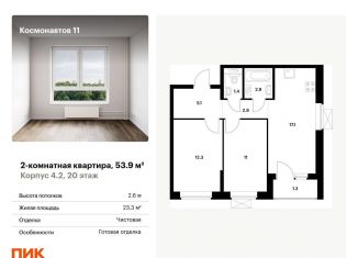 Продам двухкомнатную квартиру, 53.9 м2, Екатеринбург, жилой комплекс Космонавтов 11, 4.2, ЖК Космонавтов 11