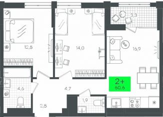 Продается 2-комнатная квартира, 60.6 м2, Тюмень, Калининский округ, улица Николая Глебова, 4