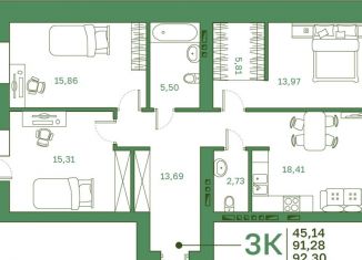 Продаю 3-ком. квартиру, 91.3 м2, Тюмень, Амурская улица, 39, ЖК Парковый