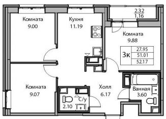 Продажа 3-комнатной квартиры, 51.8 м2, Санкт-Петербург, Ивинская улица, 19к3, метро Беговая