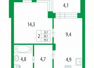 Продается 2-комнатная квартира, 39.3 м2, деревня Холмы