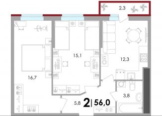 2-комнатная квартира на продажу, 56 м2, Тверь, ЖК Южный