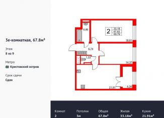 Двухкомнатная квартира на продажу, 67.8 м2, Санкт-Петербург, метро Крестовский остров