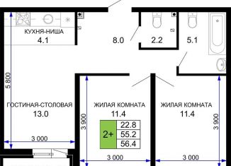 Двухкомнатная квартира на продажу, 56.4 м2, Краснодар, Прикубанский округ