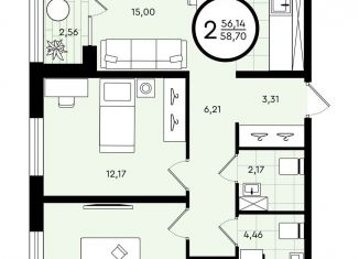 Продам 2-комнатную квартиру, 58.7 м2, Тюмень