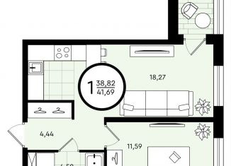 1-комнатная квартира на продажу, 41.7 м2, Тюмень