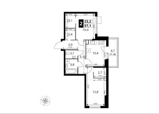 Продам 2-комнатную квартиру, 57.1 м2, поселение Мосрентген