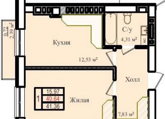 1-комнатная квартира на продажу, 41.2 м2, Калининград