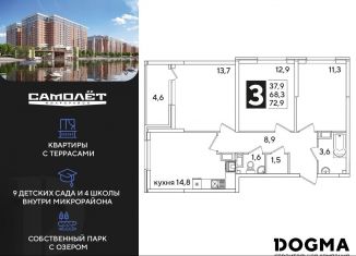 Продам трехкомнатную квартиру, 72.9 м2, Краснодар