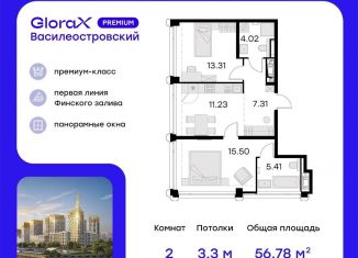 Продаю двухкомнатную квартиру, 56.8 м2, Санкт-Петербург, метро Зенит