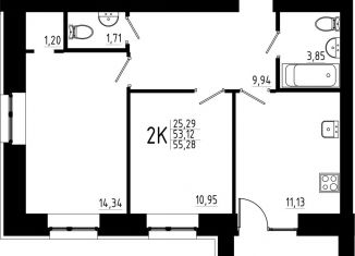 Продается 2-ком. квартира, 55.3 м2, Казань