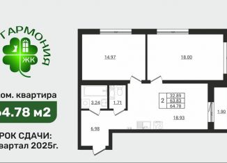 Продается 2-комнатная квартира, 64.8 м2, деревня Разбегаево