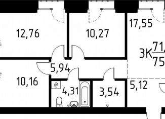 Продам трехкомнатную квартиру, 75.1 м2, деревня Кисловка, улица Марины Цветаевой, 42