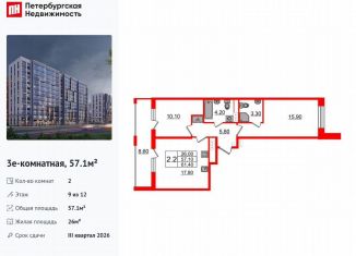 Продаю двухкомнатную квартиру, 57.1 м2, Санкт-Петербург, метро Озерки
