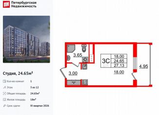 Продается квартира студия, 24.7 м2, Санкт-Петербург, муниципальный округ Коломяги