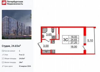 Продаю квартиру студию, 24.7 м2, Санкт-Петербург, муниципальный округ Коломяги