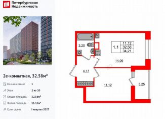 Продам 1-ком. квартиру, 32.6 м2, Ленинградская область