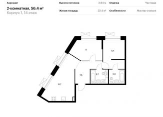 Продаю двухкомнатную квартиру, 56.4 м2, Санкт-Петербург, метро Волковская