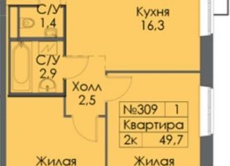 2-комнатная квартира на продажу, 49.7 м2, Москва, станция Щербинка