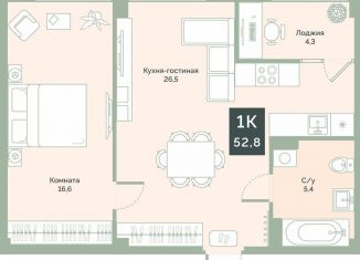 1-ком. квартира на продажу, 52.8 м2, Курган, улица Витебского, 5К2