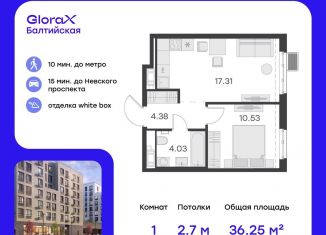 Однокомнатная квартира на продажу, 36.3 м2, Санкт-Петербург, улица Шкапина, 43-45, метро Балтийская