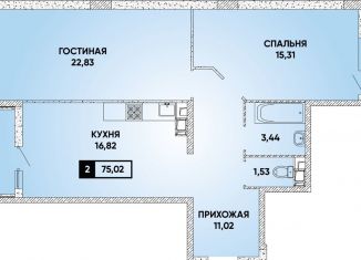 Продаю двухкомнатную квартиру, 75 м2, Краснодарский край