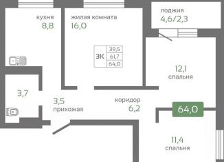 Продажа 3-комнатной квартиры, 64 м2, Красноярск, Октябрьский район