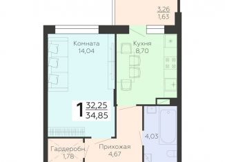 Продам однокомнатную квартиру, 34.9 м2, Воронежская область