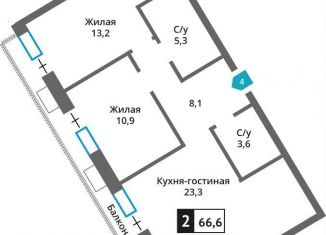 Продажа 2-комнатной квартиры, 66.6 м2, деревня Марьино, Родниковая улица