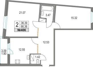 2-комнатная квартира на продажу, 66.4 м2, Санкт-Петербург, Коломяжский проспект, 13к3, муниципальный округ Комендантский Аэродром