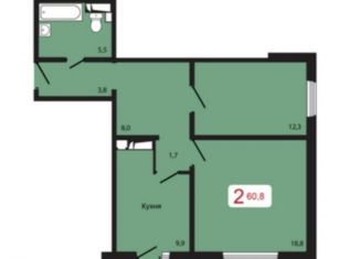 Двухкомнатная квартира на продажу, 60.8 м2, Красноярск, Складская улица, 34А, ЖК КБС. Берег