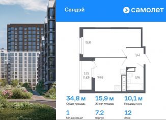 Продается однокомнатная квартира, 34.8 м2, Санкт-Петербург, метро Проспект Ветеранов, жилой комплекс Сандэй, 7.2