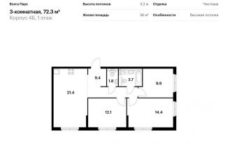 Продажа трехкомнатной квартиры, 72.3 м2, Ярославль, улица Лескова, 44, ЖК Волга Парк