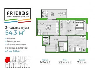 2-ком. квартира на продажу, 54.3 м2, Санкт-Петербург, ЖК Френдс