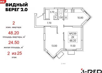 Двухкомнатная квартира на продажу, 48.2 м2, деревня Сапроново, ЖК Видный Берег 2